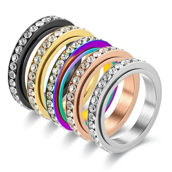 4mm Moda Dönen Anksiyete Fidget Yüzükler Kadınlar Erkekler için Titanyum Çelik Kristal Zirkon Yüzük Çift Düğün Parti Takı Hediyeler