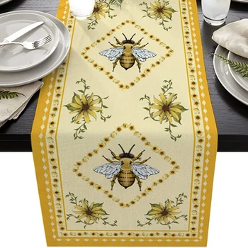 Arılar ve Çiçekler Keten Masa Koşucu Dresser Eşarp Düğün Yıldönümü Tatil Mutfak Masa Koşucu Kapalı Ev Partisi Dekoru