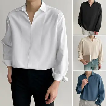 Erkekler Sonbahar Gömlek Turn-aşağı Yaka Düz Renk Uzun Kollu Gevşek Kazak Sıcak Kore Tarzı Rahat Resmi Sonbahar Gömlek İş için