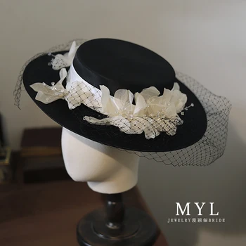 Klasik Siyah Saten Fedoras Kadınlar Yüz Peçe Büyük Düğün Çiçek Fascinator Şapkalar Chapeau Lüks Gelin Fotoğraf Çekimi Şapka Şapkalar