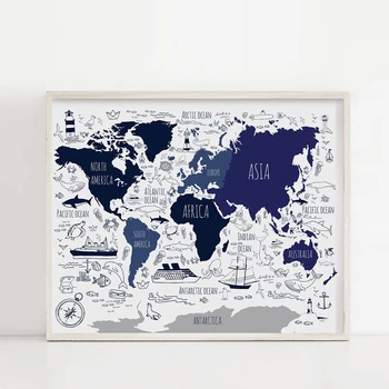 Lacivert Deniz Dünya Haritası Posteri Çocuklar İçin, Dünya Haritası Tuval Boyama Duvar Sanatı Baskılar Erkek Odası Deniz Dekor