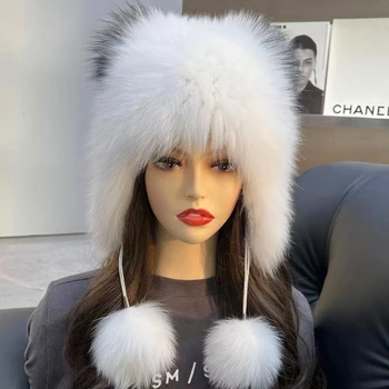 Lüks Bayan Kış Gerçek Tilki Kürk Şapka Kadınlar Sıcak Örme İç Hakiki Kürk Kar Kayak Karikatür Şapka Kapaklar Kış Kulaklığı Kış Bombacı Şapka