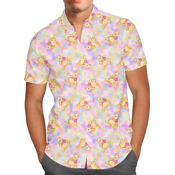 Suluboya Winnie the Pooh havai gömleği erkek Disney Inspired erkek Vintage Düğme Kısa Kollu Gömlek Plaj Tatil Gömlek