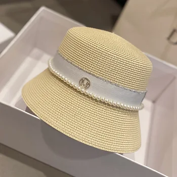 Yeni moda Fedora bayanlar kadın kızlar inci kova hasır şapka