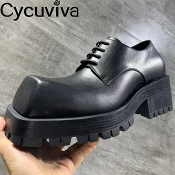 Yeni Siyah Gerçek Deri platform ayakkabılar Erkekler Kare Ayak Lace Up İş erkek ayakkabısı Eğlence Resmi Ofis Elbise Ayakkabı Erkek Daireler