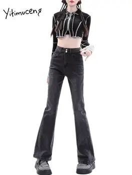 Yitimuceng Yüksek Belli Kot Kadınlar için 2 Düğme 2023 Yeni Moda Vintage Streetwear İnce Düz Flare Kot Tam Boy Pantolon