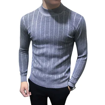 2022 Sonbahar Kış Yeni Erkek Balıkçı Yaka Kazak Kazak Moda Çizgili Slim Fit Triko Dip Gömlek Erkek Marka Giyim