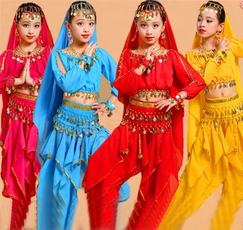 2023 Yeni 5 adet Çocuk Oryantal dans kostümü Çocuk Hint Dans Setleri kızın Performans Giyim Elbise Çocuklar İçin