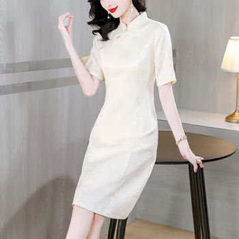 2023 Yeni Düz Renk Geliştirilmiş Qipao Elbise kadın Yaz Moda Kısa Kollu Bel Küçülen çin elbisesi Vestidos