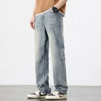 2023 Yeni Erkek Kot Geniş bacak Pantolon Kore Tarzı Moda Düz Rahat Şalvar Kot Öğrenci Pantolon Erkek Streetwear Kot D41