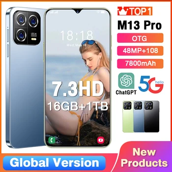 2023 Yeni Orijinal Unlocked M13Pro 5G Cep Telefonu 7.3 HD 16 + 1T Akıllı Telefon 3G/4G / 5G Çift Sım 48MP + 108MP 7800Mah Android 13 Marka