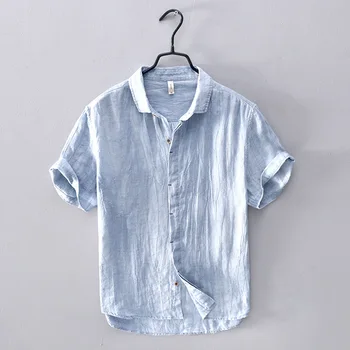 2023 Yeni Yaz Japon Basit İplik Düz Renk Kısa Gömlek erkek Keten İnce Rahat Kısa Kollu gömlek Erkek Gömlek