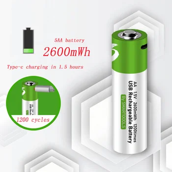 2600mWh aa 1.5 v lityum pil şarj edilebilir pil desteği doğrudan şarj TİP-C hattı pilas recargables aa bateria lityum