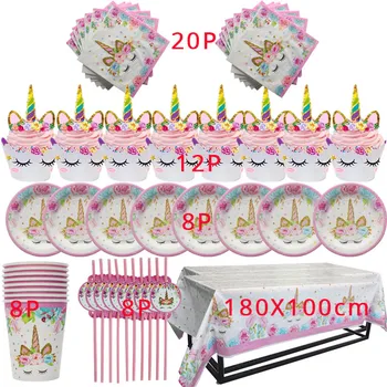 57 adet Unicorn Parti Sofra Doğum Günü Partisi Peçete Bardak Tabak Şapka Mutlu Doğum Günü Dekorasyon Bebek Duş Malzemeleri