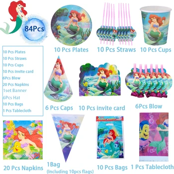 84 Adet Küçük Denizkızı Prenses Ariel Tema Tek Kullanımlık Sofra Seti Kağıt Bardak Tabak Masa Örtüsü Parti Malzemeleri Kız Doğum Günü