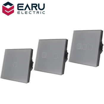 AB Standardı 1 2 3 Gang 1 Yollu AC100-240V 10A Gri Kristal Cam Panel Ekran Duvar LED güç ışığı Dokunmatik Anahtarı basmalı düğme anahtarı