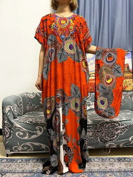 Afrika Pamuk Abayas Kadınlar İçin Yeni Baskı Çiçek Yuvarlak Boyun Kısa Kollu Müslüman Yenilik Gevşek Giysiler Nijeryalı Başörtüsü İle