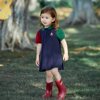 Amila Bebek Kız Elbise 2023 Yaz Yeni Sevimli Spor Moda Kontrast Renkler Patchwork POLO Boyun çocuk Giysileri 0-6Y