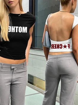 Backless Kısa Kollu Beyaz Y2K elbise Kırpma Üst Kadınlar estetik 2023 Yaz T Shirt Seksi mektup Goth Peri grunge Kesim emo