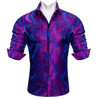 Barry Wang Tasarımcı Gömlek Erkekler ıçin Uzun Kollu Mor Mavi Ipek Işlemeli Nefes Solmaz Rahat Ince Erkek Giyim