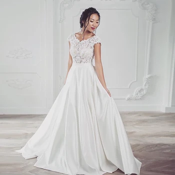 Boho A-line düğün elbisesi V Yaka Cap Kollu Aplikler Saten Gelin Elbise Illusion Korse Backless Sweep Tren Vestido De Novia