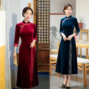 Cheongsam Kadife Uzun Audai Yedi Noktalı Kollu Moda Modern Geliştirme Kadın Nakış Qipao Orta Yaşlı Yaşlı Kadın