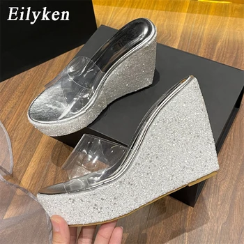 EilyKen Altın Gümüş Platformu Takozlar Terlik Kadın Sokak Stili PVC Şeffaf Jöle Ayakkabı Yaz Yüksek Topuklu Sandalet