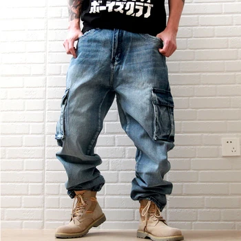 Erkek Baggy Kargo Kot Pantolon Gevşek Fit Hip Hop Harem Denim Pantolon Yıkanmış Hi Sokak Kaykay Dipleri Artı Boyutu 46
