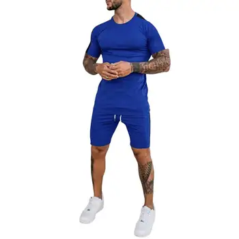 Erkek eşofman 2 Parça Set Yaz Koşu Spor Takım Elbise Patchwork Kısa Kollu Şort Moda Setleri Erkekler gündelik spor giyim ropa hombre