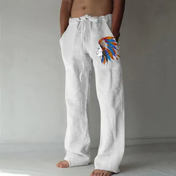 Erkek Pamuk Keten Pantolon Yaz Vintage Baskı Cepler Dantel Up Pantolon Nefes Pantolon Büyük Boy Plaj Gevşek Pantolon Pantolon