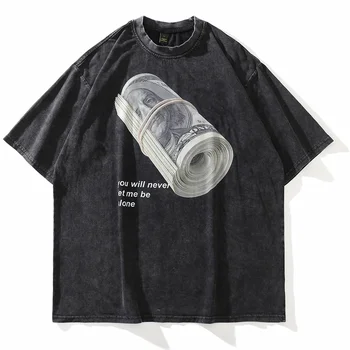 Erkek Vintage Streetwear T Shirt Yaz Yıkanmış Unisex Sıkıntılı T-Shirt Paket Banknot Baskılı Pamuk Kısa Kollu Tees