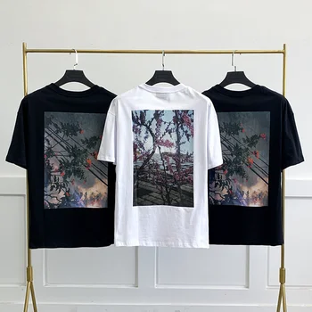 Erkek Yaz Essentials T-Shirt Yüksek Sokak Hip Hop Gevşek Boy geri manzara baskı Unisex %100 % pamuklu tişört