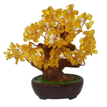 Feng Shui Doğal Sarı Kuvars Kristal Para bonzai ağacı Tarzı Dekorasyon Servet ve Şans HN131