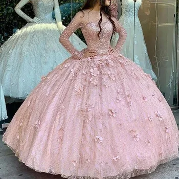 Gül Pembe Prenses Quinceanera Elbiseler 3D Çiçekli Şeffaf Ekip Tatlı 16 Doğum Günü Partisi balo elbisesi Uzun Kollu Dantel-up mexicana