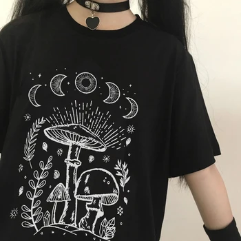 Harajuku Güneş Ay Mantar Baskı T-Shirt Sokak Casual Streetwear Casual Yuvarlak Boyun Kadın giyim Moda T shirt Karikatür Tees