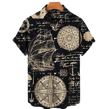 Hawaii erkek Büyük Boy Gömlek Yaz Erkek Kısa Vintage Rahat rahat giyim Navigasyon Tema Üstleri Y2k Streetwear Plaj