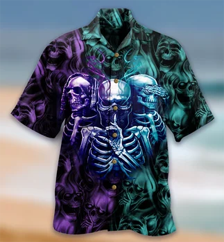 Hawaii Kısa Kollu Büyük Boy Üst 3D Plaj Yaz Tatili 2023 erkek gömleği Korku Desen İskelet Dev Ahtapot Desen