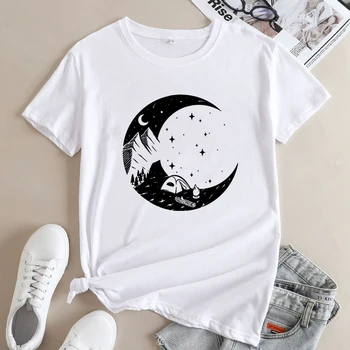 Hilal Ay Kamp Gömlek Estetik Kadın Grafik Macera Camper T-shirt Vintage Dağlar Vahşi Açık Doğa T-shirt