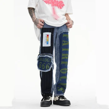 Hip Hop Erkekler Moda Düz Mektup Yama Delik Sıkıntılı Vintage Kot Büyük Boy Flare Pantolon Y2K Casual Baggy Denim Pantolon