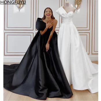 HONGFUYU Siyah / Beyaz Saten Balo Abiye Uzun robe de soirée de mariage Bir Omuz Örgün Parti Törenlerinde Vestidos De Gala
