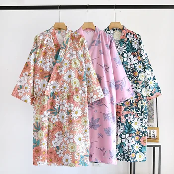 Ince Gazlı Bez Pamuk Kimono Elbise kadın Ev Giyim Yaz Sabahlık Bornoz Gelin Çiçek Baskı Gecelik Bayanlar İçin