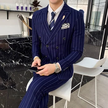 Ingiliz İş Rahat İş Düz Renk Çizgili Takım Elbise Üç parçalı Gençlik İnce Kruvaze Çizgili erkek SuitCostume Homme