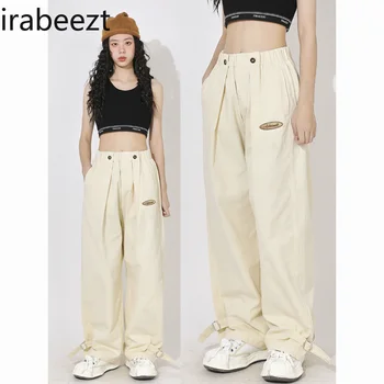 Irabeezt Şık Kargo Pantolon Katı Ins Geniş Bacak Düz Pantolon Amerikan Retro Yüksek Sokak Rahat Pantolon Yaz Çift Elbise