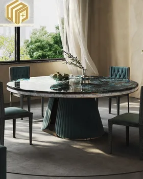 Işık lüks doğal lüks taş yuvarlak masa ve sandalye kombinasyonu tasarımcı high-end villa turntab ile büyük aile restoranı