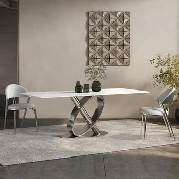 İtalyan lüks tasarımcının yeni gri çelik renk yemek masası basit ışık dikdörtgen ışık kaya plaka yemek masası sandalye combina