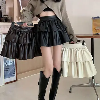 Kadın Kısa Etek Düz Renk Yüksek Bel Kek Etek Zarif Pilili Etek Gevşek Etek gündelik giyim Kore Tarzı Suni Deri Etek