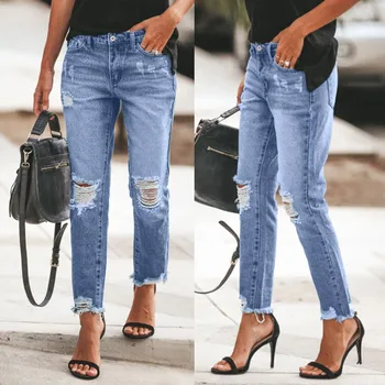 Kadın Moda Kot Rahat Yırtık Kot Slim Fit Kadın Delik Kırık Kot Jean Pantolon Kadınlar için İş Jean Kadın için