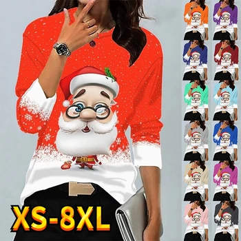 Kadın T shirt Tee Noel Noel Baba Parlak Rahat Günlük Boyama T shirt Tee Uzun Kollu Yuvarlak Boyun Temel XS-8XL