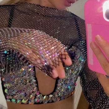 Kadınlar Seksi tam örgü Flare Uzun Kollu T-Shirt Glitter Rhinestone Elmas Fishnet Gömlek Plaj Cover Up Kırpma Üstleri 2023