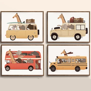 Komik Tuhaf Hayvan Yarış Arabası Otobüs Kreş duvar sanatı tuval yağlıboya İskandinav Posterler Ve Baskılar Duvar Resimleri Çocuk Odası Dekor